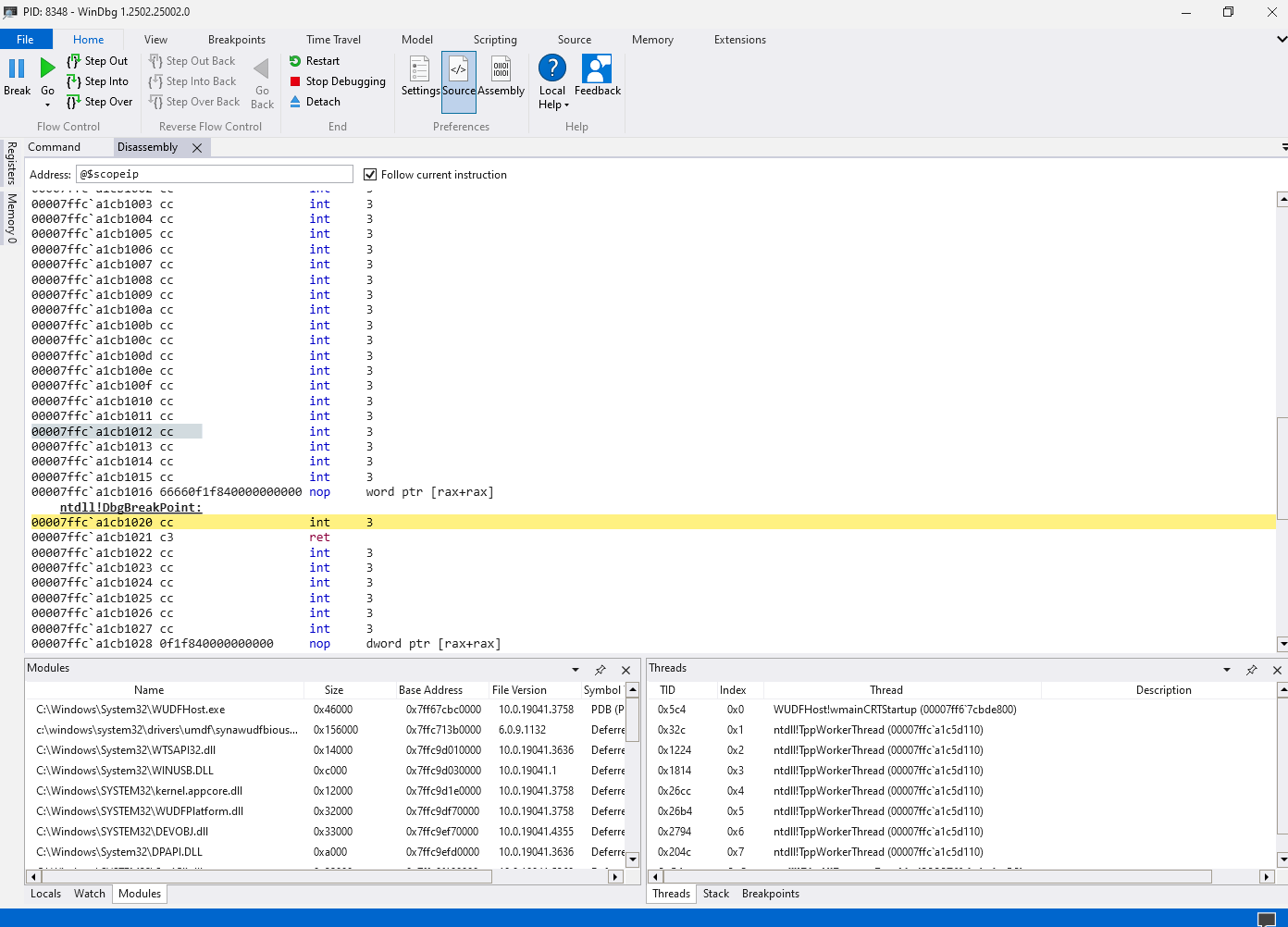 WinDbg paused on attaching to driver